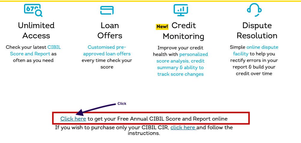 Free credit report on CIBIL, the link on homepage