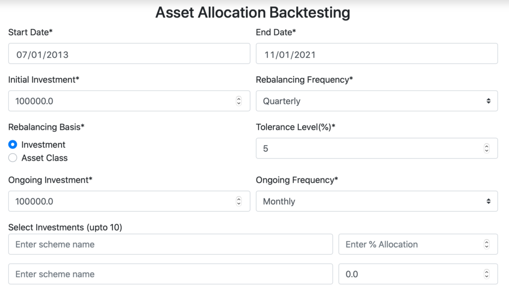 Unovest asset allocation backtesting tool inputs